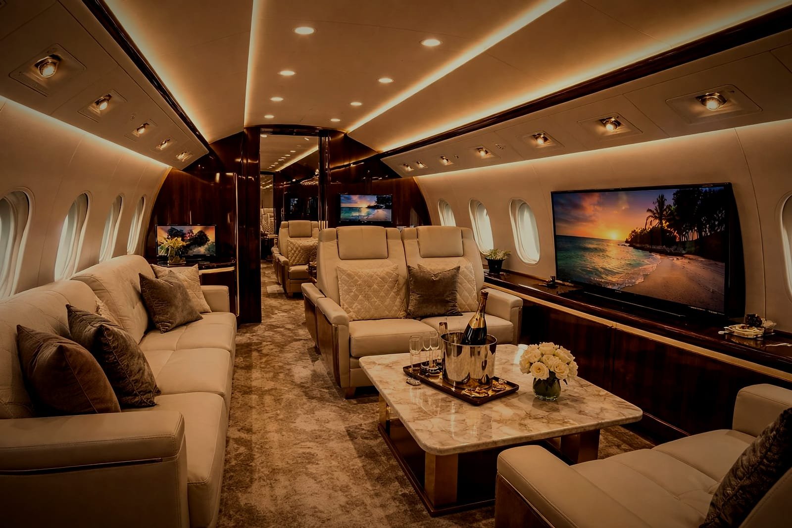 A private jet lounge cabin: cream leather divan and club seats, a marble table with champagne on ice, walnut cabinetry and a large screen.
